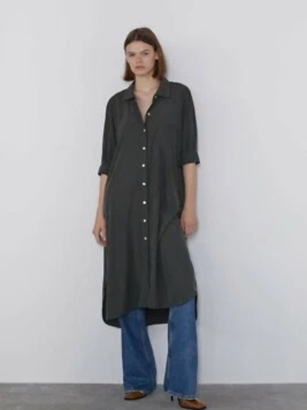 Zara Dark Charcoal Grey Button-Front Collar Long Tunic Shirt Dress Top- XL